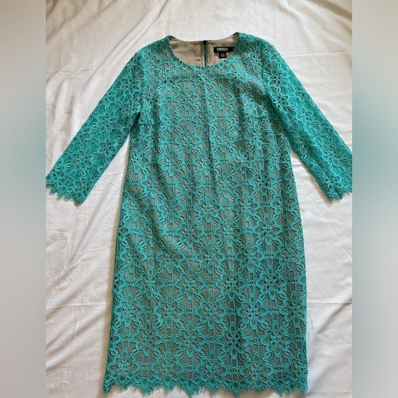 Dkny Dresses & Skirts - DKNY Lace Cocktail Dress | Aqua Blue Size 4 | Wedding Guest | 3/4 Sleeves